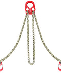 Front view of reinforced Grade 80 chain sling with three chains, 5/16 in x 10 ft, dual-leg with red hooks and load binder.