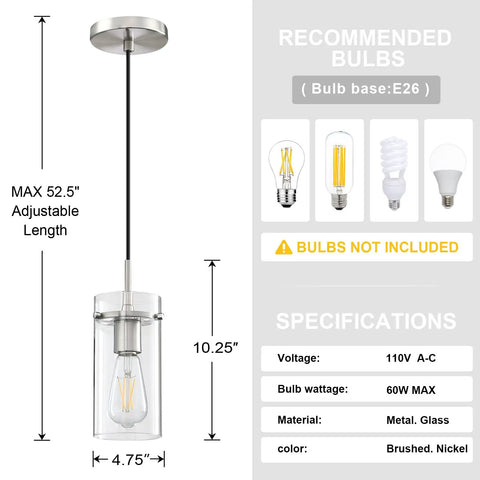 3 Pack Clear Glass Vintage Pendant Lights With Brushed Nickel Finish For Kitchen Island specifications and dimensions