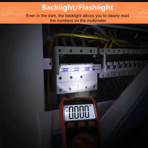 Digital Multimeter TRMS 6000 Counts Auto Ranging DMM with NCV Backlight and Flashlight illuminating a panel for testing