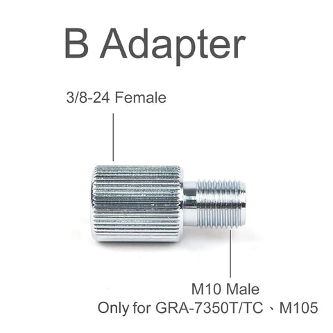 M10x1.0 Male to 3/8-24 Female Adapter for Antennas showing nickel plated build with labeled ports