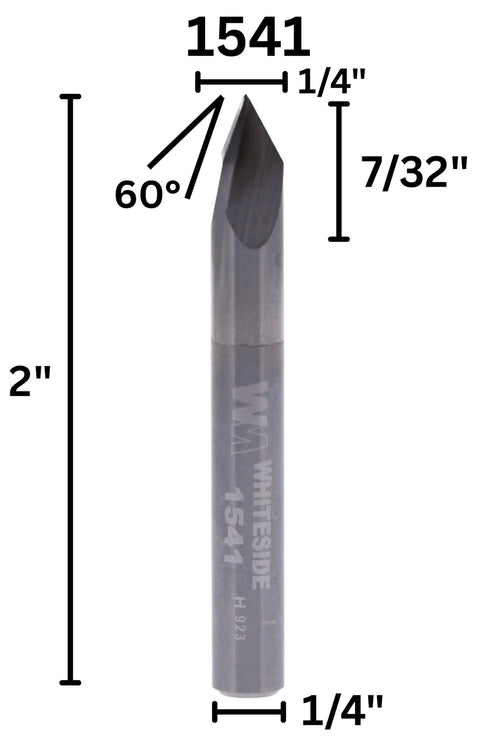 V Groove Router Bit With 60 Degree Included Angle Three Flutes Solid Carbide One Quarter Inch Cutting Diameter Seven Thirty Second Inch Point Length One Quarter Inch Shank Two Inch Overall Length Sweet For Engraving Sign Making And Decorative Inlays diagram