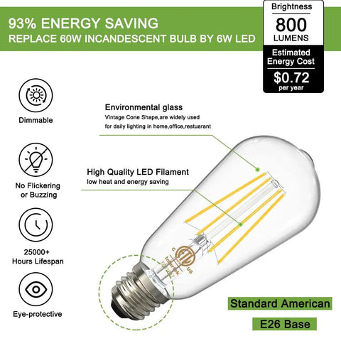 Rad Retro Vintage Dimmable LED Edison Bulbs 60W Equivalent Warm White 2700K 800LM E26 Base ETL Listed ST58 Filament diagram
