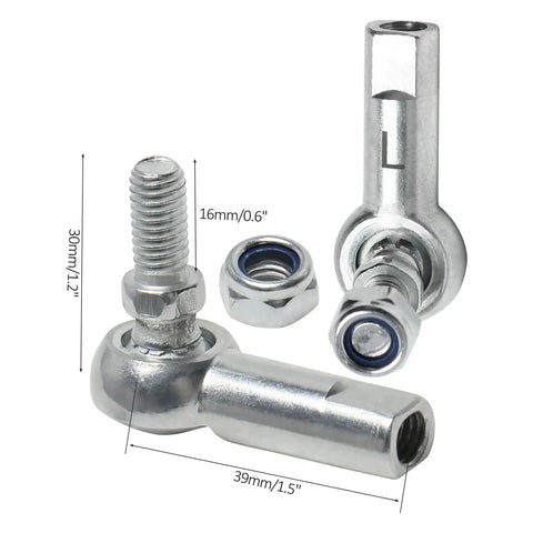 Precision M8 X 1.25 Rod End Ball Joints Featuring Zero Slack 8mm Bore with hex nut and dimensions for steering linkage use.