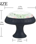 4 Pack Cute Vintage Pink Flower And Leaf Round Cabinet Knobs With Sage Green Backdrop for Drawers, showing size dimensions.