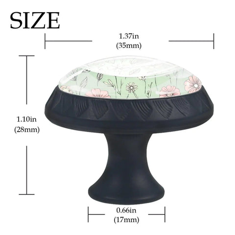 4 Pack Cute Vintage Pink Flower And Leaf Round Cabinet Knobs With Sage Green Backdrop for Drawers, showing size dimensions.