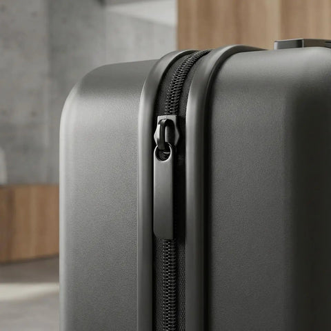 Close-up of black zipper on luggage with Six Piece Black Zipper Repair Kit For Luggage Backpacks Jackets And More Universal Metal Zipper