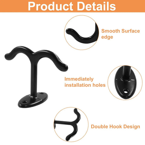 Black Zinc Alloy Double Prong Ceiling Hook Set For Robes Towels And Coats, heavy-duty chrome finish, smooth edges, installation holes.