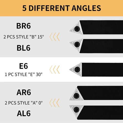 Five piece Three Eighths Inch Indexable Carbide Turning Inserts Holder Set for Machining Lathes showing 5 different angles