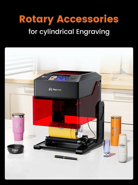 Front view of AlgoLaser 10W portable laser engraver with 3.5-inch touchscreen, black top and red lower housing on a kitchen countertop.