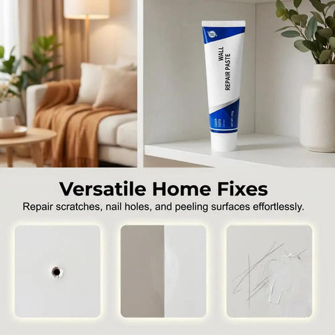 Tube of wall repair paste against living room background with examples of repairs for nail holes, scratches, and peeling paint.