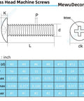 Diagram of Truss Head Machine Screws dimensions and specifications, showing sizes and driver types for various models.