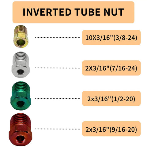 Inverted tube nut sizes for Heavy Duty 3/16 Inch Stainless Steel Brake Line Kit, 25 Foot Tubing Roll With 16 Fittings For Hydraulic Brake Systems