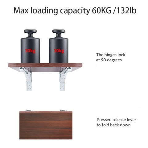 4PCS Triangle Folding Angle Brackets Heavy Duty Shelf Supports with weights showing 60KG capacity and folding mechanism
