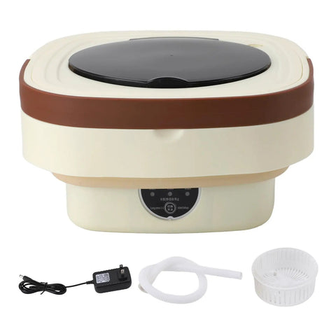 Ultra Compact Portable Washing Machine 8.5 Liter Foldable Mini Laundry Tub with power adapter and drain hose.
