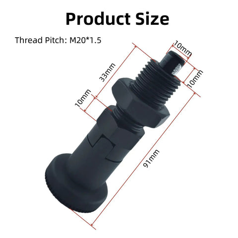No Sweat Plug And Play Push Fit Ball Nose Spring Plunger M20x1.5 Carbon Steel with dimensions 10mm pin diameter, 33mm stroke.