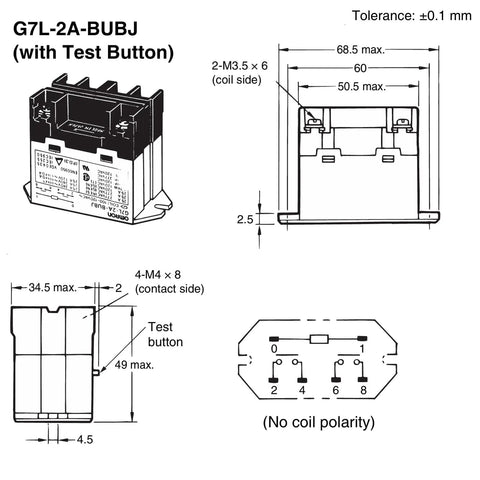 Diagram and dimensions of General Purpose Relay With Built In Test Button 24 VDC Screw Terminal Connections Upper Bracket Mount DPST No Contacts