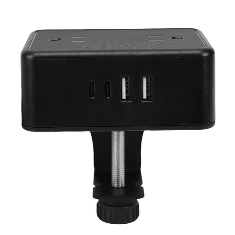 Heavy Duty Wall Clamping Design Game Changer Under Desk Power Strip With Eight In One Charging Hub featuring AC and USB ports.