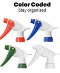 Spray bottle nozzles with color-coded caps in red, blue, green, and white for Boss Grade 16 Oz Spray Bottles 4 Pack With Dilution Ratios And Ounces To Milliliters Made In USA Great For Cleaning Essential Oils Hair Plants And BBQ With Easy Precise Mist Control.