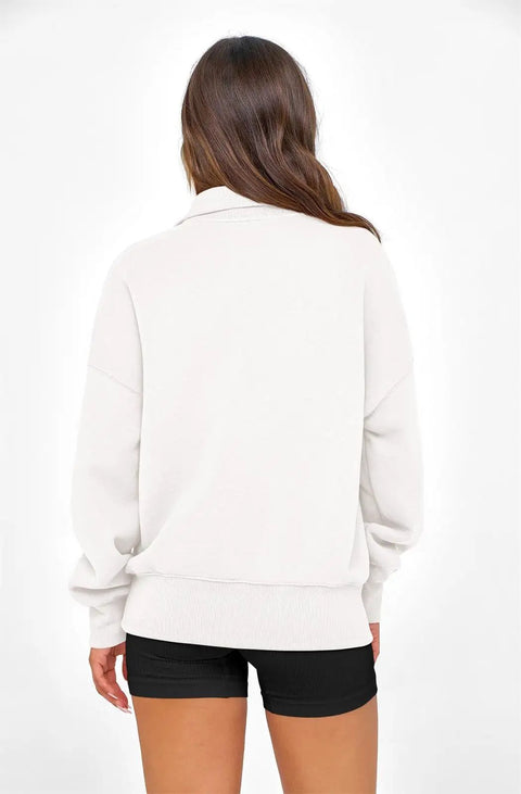 Back view of Women Half Zip Oversized Sweatshirt Fleece Hoodie With Plush Lining Cozy Long Sleeve Pullover Top For Fall Travel Y2K Vibe Trendy 2026 Wardrobe Essential White Size M