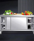 Built Tough Heavy Duty Prep Workbench With Sliding Doors Rust Resistant Stainless Steel Kitchen Table with food prep and storage.