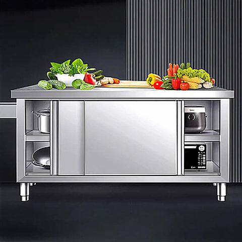 Built Tough Heavy Duty Prep Workbench With Sliding Doors Rust Resistant Stainless Steel Kitchen Table with food prep and storage.