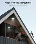 Dual Head Solar Pendant Lights With Motion Sensor in attic, Mode 4, illuminating dark space, solar panel visible outside