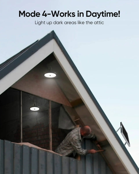 Dual Head Solar Pendant Lights With Motion Sensor in attic, Mode 4, illuminating dark space, solar panel visible outside