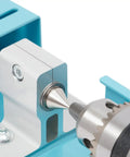 Close-up view of the metal chuck on This Badass Mini Wood Lathe Is The Ultimate Desktop Turnin' Tool For Your DIY Crafts.