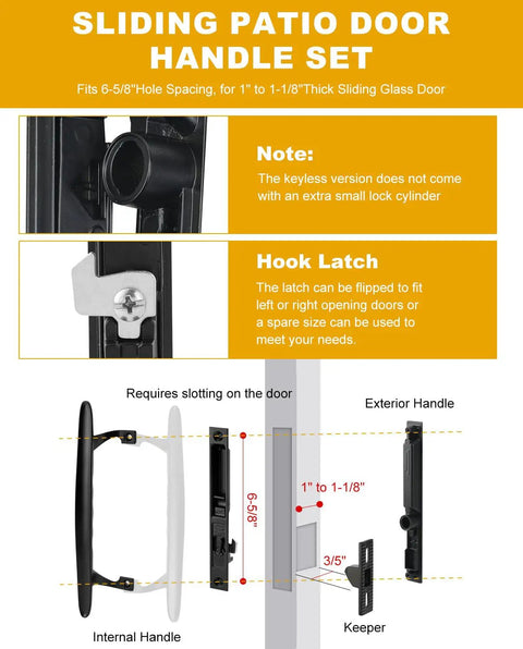 Heavy Duty Black Diecast Sliding Door Handle Set With Secure Non Keyed Lock, internal and external handles shown with measurements.