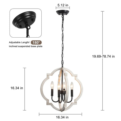 Farmhouse Orb Wood Chandelier 4 Light Pendant For Dining Room Living Room Rustic Hanging Light Fixture dimensions