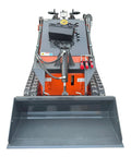 Front view of Compact Track Loader With 43.8 Inch Bucket, Stand On Skid Steer, 23HP Hydraulic Drive, 840 Lb Lift, 3600 RPM, Orange Red