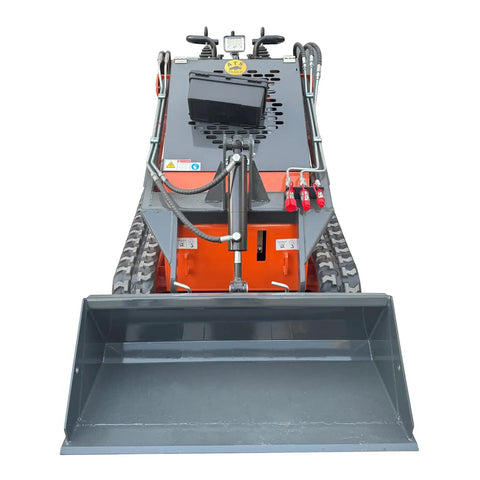 Front view of Compact Track Loader With 43.8 Inch Bucket, Stand On Skid Steer, 23HP Hydraulic Drive, 840 Lb Lift, 3600 RPM, Orange Red