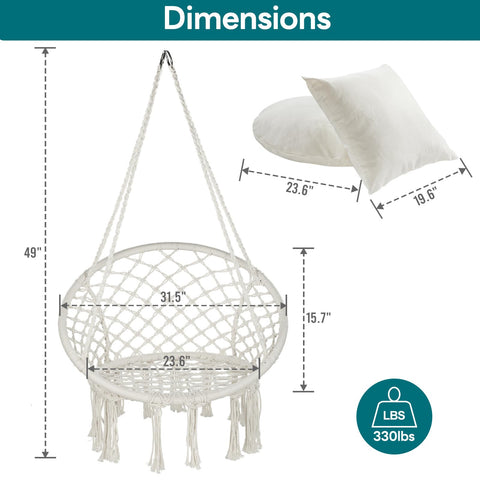 Macrame Hammock Chair Hanging Swing For Indoor Outdoor Use 330 Lbs Capacity Handwoven Cotton Rope with dimensions and cushions