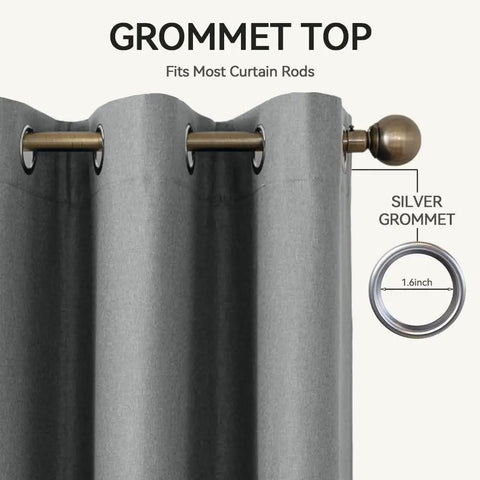 Light gray Totally Blackout Flame Resistant Curtain With NFPA 701 Safety, 52 By 84 Inches, metal ring hanging system detail.