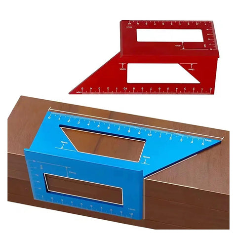 Digital Caliper, Woodworking Angle Ruler 45-90 Degree Aluminum Alloy Square in red and blue on wood surface.