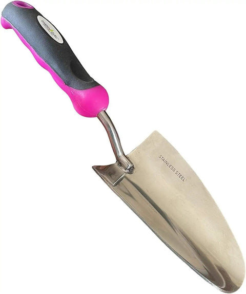 Go To Tool Ultra Strong Stainless Steel Garden Trowel Hand Shovel with pink ergonomic grip and rust-resistant blade for weeding.
