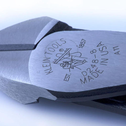 Klein Tools D248-8 diagonal cutting pliers, 8-inch, close-up of angled head and jaw, Made in USA