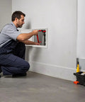 No Sweat 8X8 White Plastic Access Panel With Door, 6.5 Inch Opening Ideal For HVAC And Plumbing, shown being used for repairs.