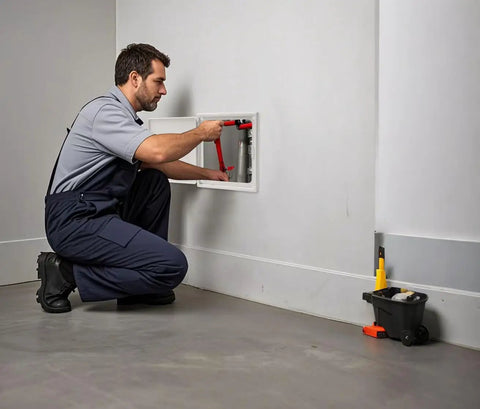 No Sweat 8X8 White Plastic Access Panel With Door, 6.5 Inch Opening Ideal For HVAC And Plumbing, shown being used for repairs.