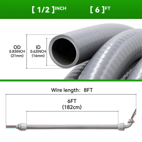 Badass Hella Flexible 1/2 X 6Ft Electrical AC Whip Kit Includes 10 AWG Copper Wire Liquid Tight NonMetallic Conduit dimensions