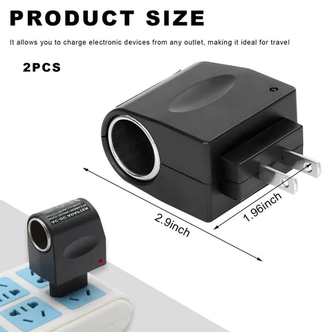 2 Pack AC To DC Converter 220V To 12V 500MA Car Cigarette Lighter Socket Adapter shown with size dimensions for easy reference.