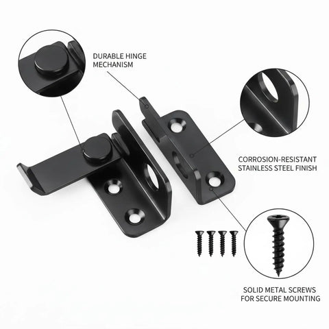 Heavy Duty Stainless Steel Slide Bolt Latch Locks Gates And Sheds Shut Tight Keeps Doors From Swinging Loose Rust Proof Security Hardware, black finish with hinge.