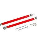 Rear Adjustable Toe Rod Kit With Spherical Rod Ends And Red Powder Coat For Chevy Camaro 2016 with red steel rods and hardware.
