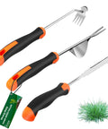 Three-Piece Hand Weeder Tool Set With Rubber Handles, Crack Crevice Weeder, Uprooting V-Shaped Weeder, And Four Teeth Digger For Deep Root Removal In Lawn, Garden, Sidewalk Cracks, Easy Pull Weed Tools For Every Gardener. Three tools on white
