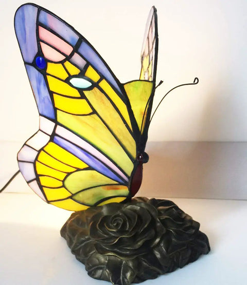 Tiffany Style Butterfly Table Lamp With Stained Glass Multicolor Night Light Blue Glass Accent For Living Room Or Bedroom