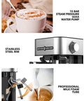 Hot Shot Fifteen Bar Espresso Machine With Lightning Fast Heating And Rich Milk Frother For Classic Cappuccino Latte And Mocha featuring steaming milk, stainless steel rim, and 15 bar pump.