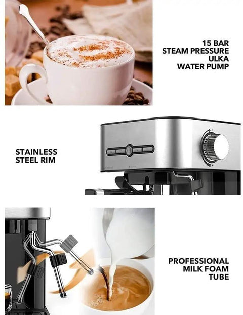 Hot Shot Fifteen Bar Espresso Machine With Lightning Fast Heating And Rich Milk Frother For Classic Cappuccino Latte And Mocha featuring steaming milk, stainless steel rim, and 15 bar pump.