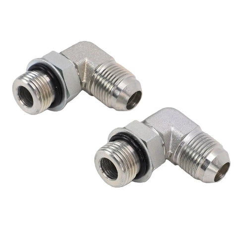 Pack Of 2 Or 3 8 Inch Flare To Orb Male 90 Degree Hydraulic Hose Fittings With Carbon Steel Build And O Ring Seal For Tough Truck And Construction Job Repairs, two fittings