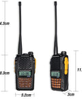 Front and side views of UV-6R Ham Radio Handheld 5W Walkie Talkie For Adults showing dimensions.