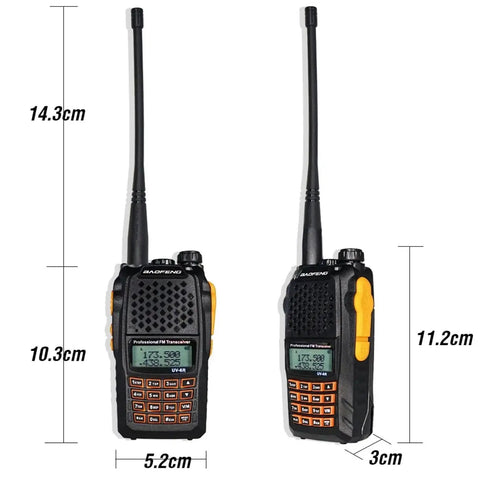 Front and side views of UV-6R Ham Radio Handheld 5W Walkie Talkie For Adults showing dimensions.